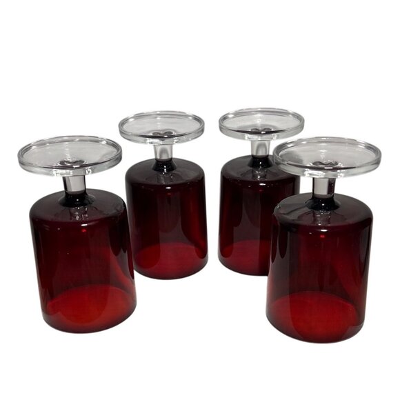 Set Of 4 Vintage Ruby Red Footed Glasses With Clear Bases 4.5” France - Picture 4 of 8
